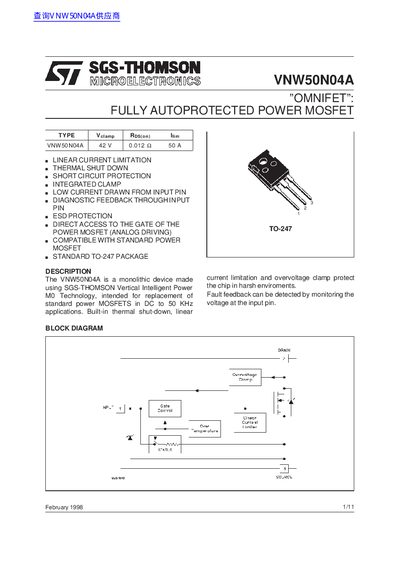 SGS-THOMSON VNW50N04A Data Sheet  - cover page