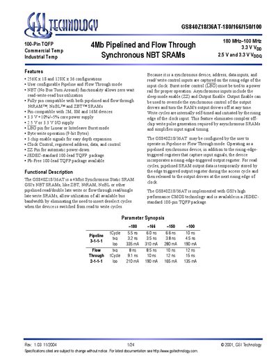 GSI TECHNOLOGY GS840Z18/36AT-180/166/150/100 4Mb Pipelined Flow Through Synchronous NBT SRAMs handbook - cover page