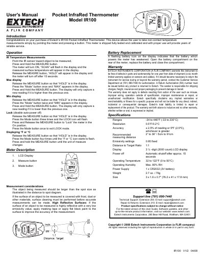 Extech IR100 Pocket InfraRed Thermometer User's Manual