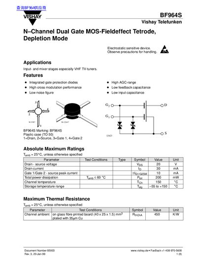 Vishay BF964S N-Channel Dual Gate MOS-FET Datasheet - cover page