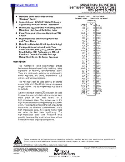 TEXAS INSTRUMENTS SN54ABT16843 SN74ABT16843 18-BIT BUS-INTERFACE D-TYPE LATCHES WITH 3-STATE OUTPUTS handbook - cover page