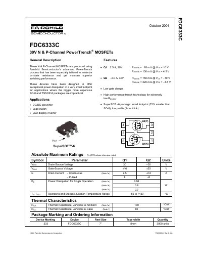 Fairchild Semiconductor FDC6333C 30V N & P-Channel PowerTrench MOSFET Datasheet - cover page