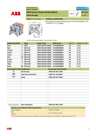 ABB ZS10 Screw Clamp Terminal Block Technical Datasheet - cover page
