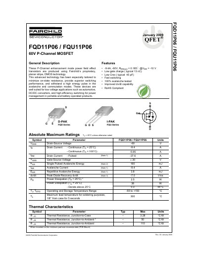 Fairchild Semiconductor Corporation FQD11P06/FQU11P06 60V P-Channel MOSFET Datasheet - cover page
