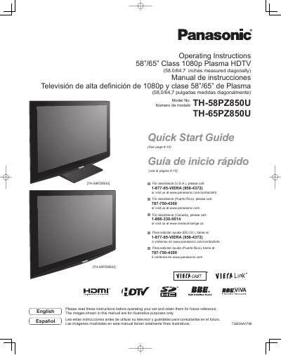 Panasonic TH-58PZ850U/TH-65PZ850U Plasma HDTV Operating Instructions - cover page