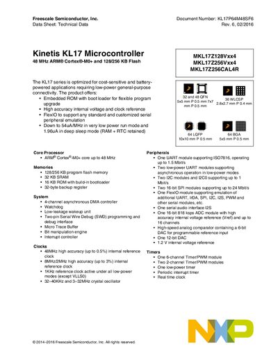 Freescale Kinetis KL17 Microcontroller Data Sheet - cover page