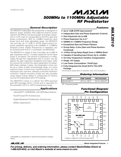 Maxim MAX2010 Adjustable RF Predistorter Datasheet - cover page