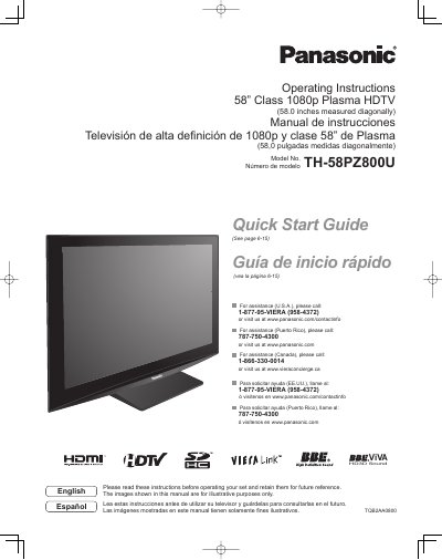 Panasonic TH-58PZ800U Plasma HDTV Operating Instructions - cover page
