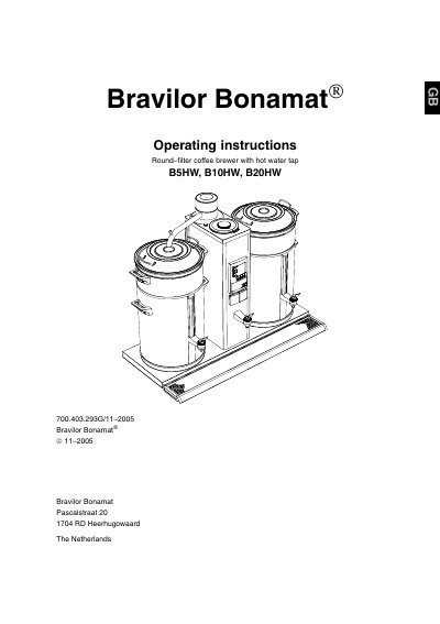 Bravilor Bonamat Round-filter Coffee Brewer B5HW/B10HW/B20HW Operating Instructions - cover page