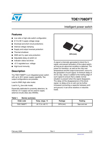 STMicroelectronics TDE1708DFT Intelligent Power Switch Datasheet