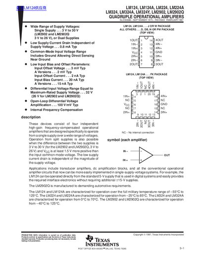 TEXAS INSTRUMENTS LM124 LM124A LM224 LM224A LM324 LM324A LM324Y LM2902 LM2902Q QUADRUPLE OPERATIONAL AMPLIFIERS datasheet - cover page
