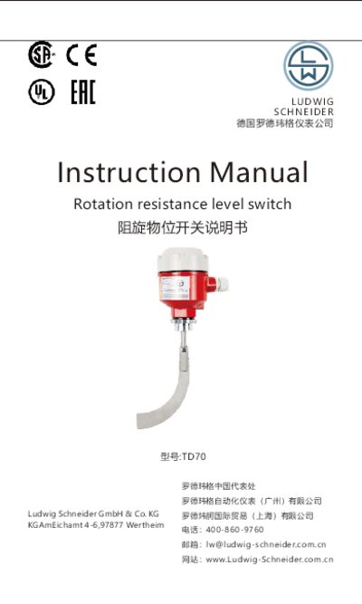 Ludwig Schneider TD70 Rotation Resistance Level Switch Instruction Manual