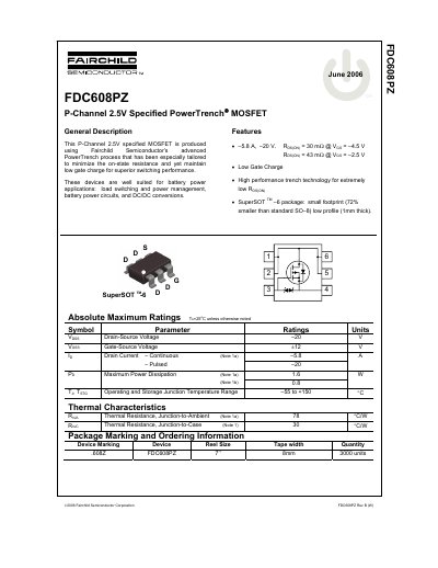 Fairchild Semiconductor FDC608PZ P-Channel MOSFET Datasheet - cover page