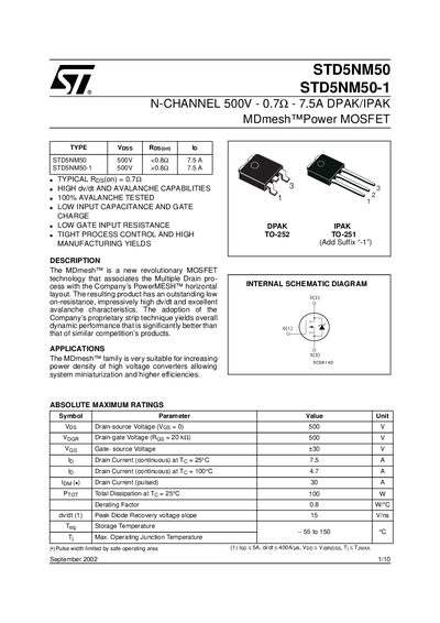 STMicroelectronics STD5NM50 Datasheet - cover page