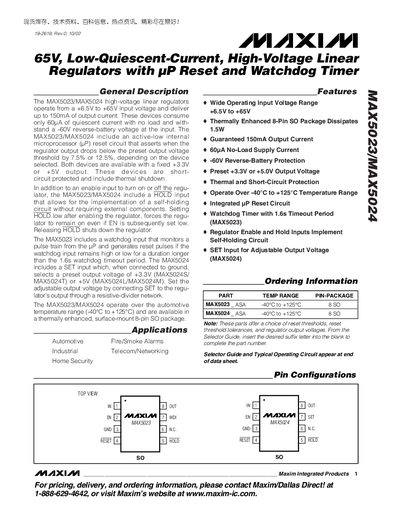 Maxim MAX5023/MAX5024 High-Voltage Linear Regulator Datasheet - cover page