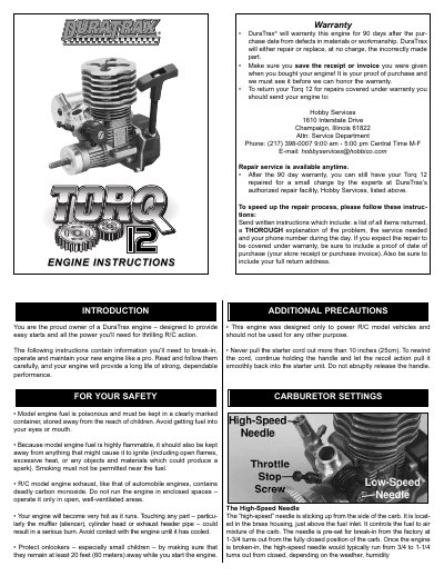 DuraTrax Torq 12 Engine Instructions - cover page