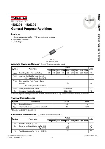 Fairchild Semiconductor 1N5393 General Purpose Rectifier Datasheet - cover page