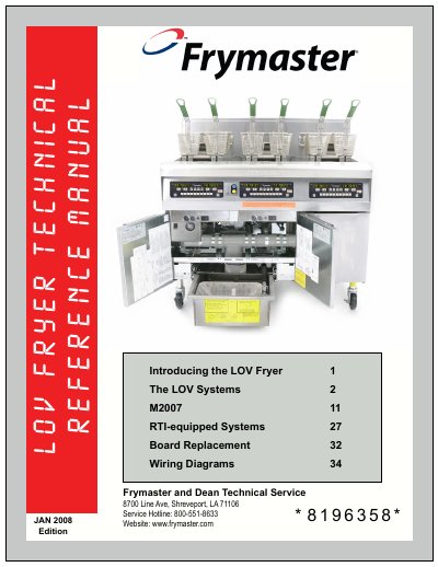 Frymaster LOV Fryer Technical Reference Manual - cover page