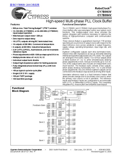 Cypress CY7B993V/CY7B994V High-speed Multi-phase PLL Clock Buffer Datasheet - cover page
