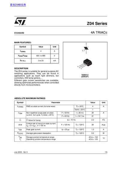 STMicroelectronics Z04 Series Standard 4A Triacs Datasheet - cover page