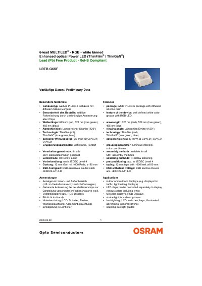 OSRAM G6SF 6-Lead MULTILED® RGB White Binned LED Datasheet - cover page