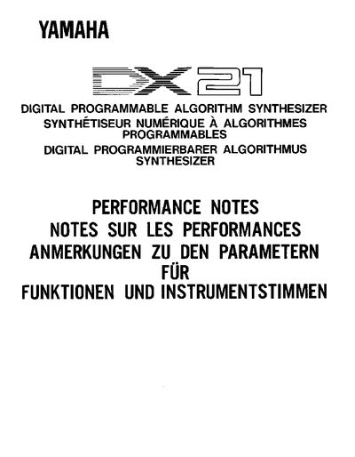 Yamaha DX21 Digital Programmable Algorithm Synthesizer Performance Notes - cover page
