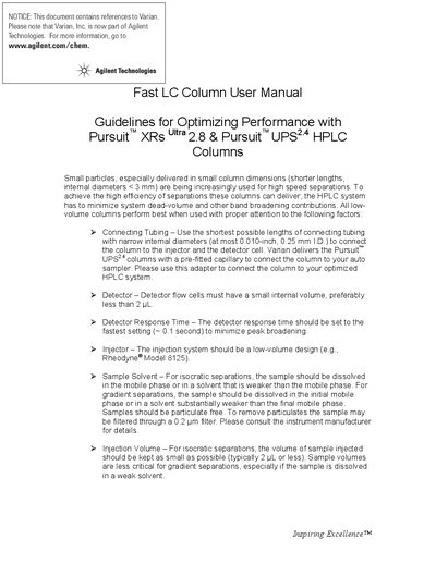 Agilent Fast LC Column User Manual for Pursuit XRs 2.8 and Pursuit UPS - cover page