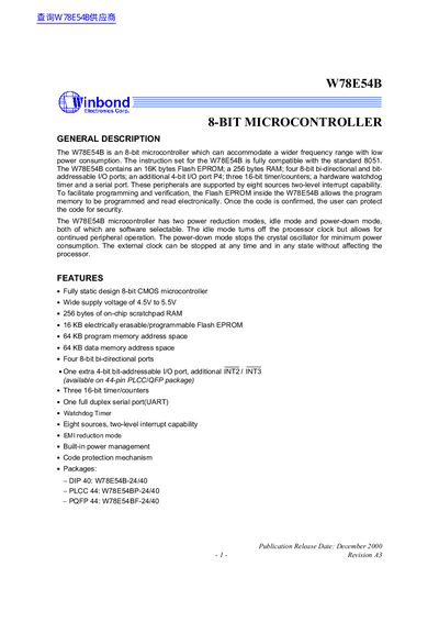 Winbond W78E54B Microcontroller User Manual - cover page
