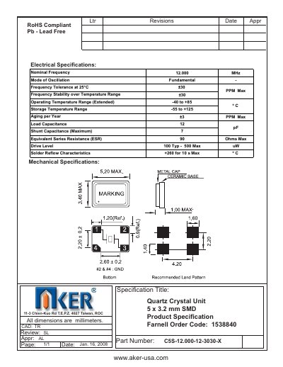 AKER Quartz Crystal Unit 5 x 3.2 mm SMD Product Speci cation TR Farnell Order Code: 1538840 Manual - cover page
