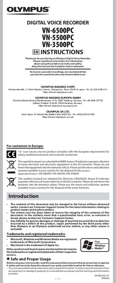 Olympus VN-6500PC, VN-5500PC, VN-3500PC User Manual