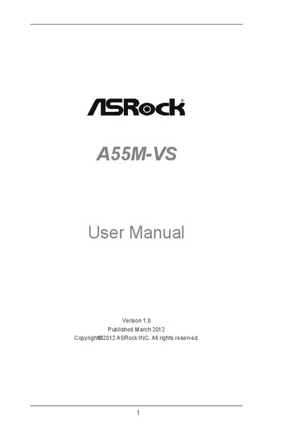 ASRock A55M-VS Motherboard User Manual - cover page