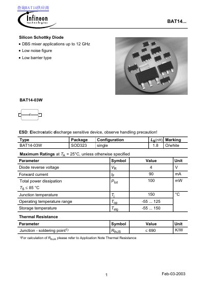 Infineon BAT14-03W Silicon Schottky Diode Datasheet - cover page