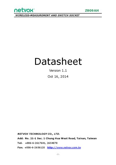 Netvox Z809AH Wireless Measurement and Switch Socket Datasheet - cover page