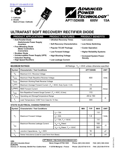 Advanced Power Technology APT15D60B Ultrafast Soft Recovery Rectifier Diode Datasheet - cover page