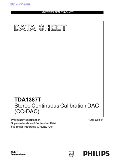 Philips TDA1387T Stereo Continuous Calibration DAC Datasheet - cover page