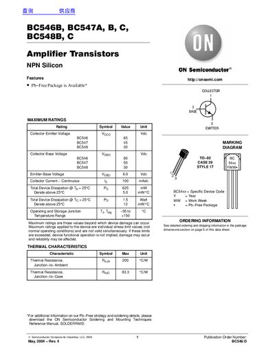 ON Semiconductor BC546B, BC547A, BC547B, BC547C, BC548B, BC548C Datasheet - cover page