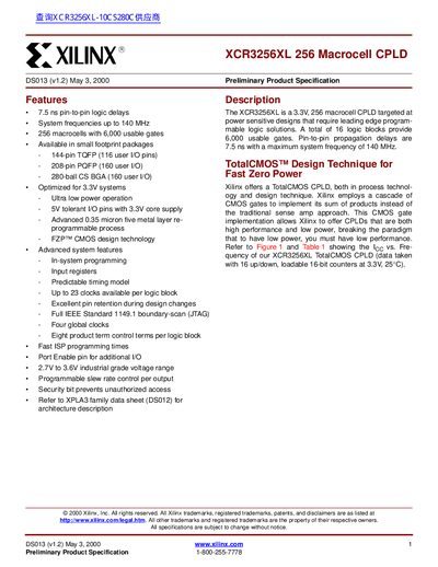 Xilinx XCR3256XL CPLD Preliminary Product Specification - cover page