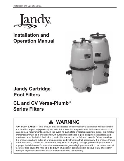 Jandy CL and CV Versa-Plumb Series Cartridge Filter Installation and Operation Manual - cover page
