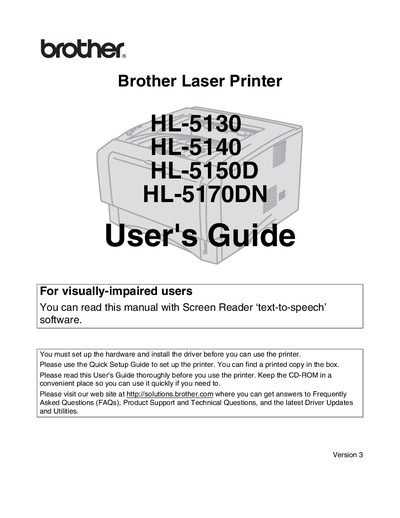 Brother HL-5130, HL-5140, HL-5150D, HL-5170DN Laser Printer User Manual - cover page