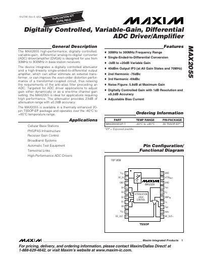 Maxim MAX2055 Variable‑Gain Differential ADC Driver Datasheet - cover page