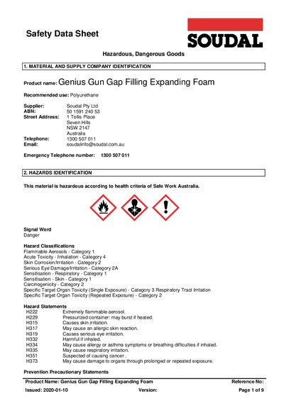 Genius Gun Gap Filling Expanding Foam Safety Data Sheet - cover page
