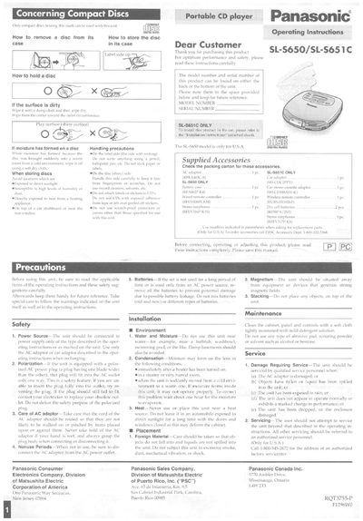 Panasonic SL-S650/SL-S651C Portable CD Player Operating Instructions - cover page