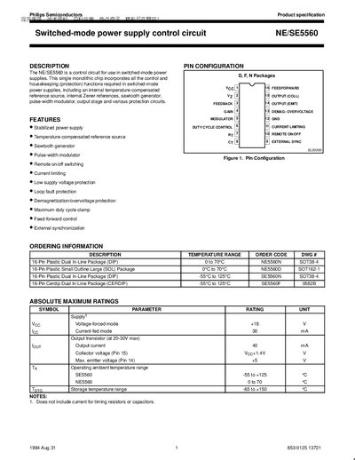 Philips NE/SE5560 Switched-Mode Power Supply Control Circuit Datasheet