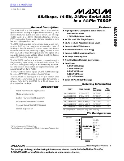 MAX1069 58.6ksps 14-Bit 2-Wire Serial ADC Datasheet - cover page