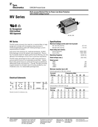 Tyco Electronics CORCOM MV Series Medical Filter Datasheet - cover page