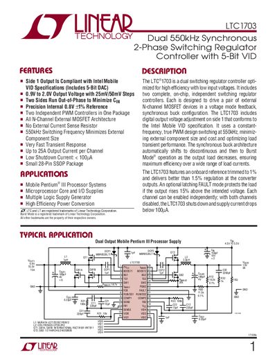 Linear Technology LTC1703 Dual 550kHz Synchronous Switching Regulator Controller Datasheet - cover page