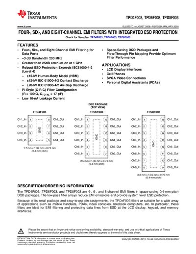Texas Instruments TPD4F003/TPD6F003/TPD8F003 EMI Filters with Integrated ESD Protection Datasheet - cover page