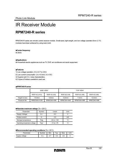 ROHM RPM7240-H4R Photo Link Module Datasheet - cover page