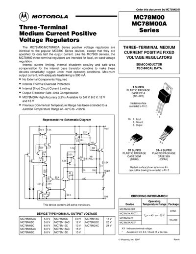 MOTOROLA MC78M00 MC78M00A Series Data Sheet - cover page