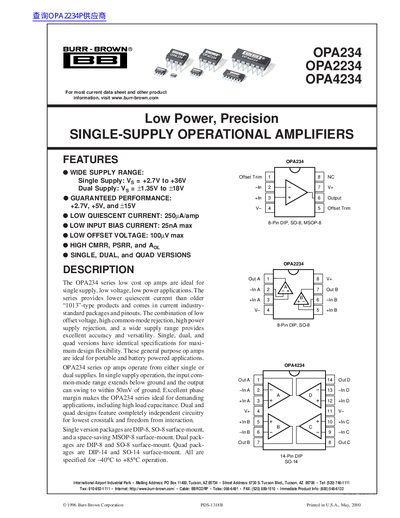Burr-Brown OPA234/OPA2234/OPA4234 Low Power Precision Operational Amplifiers Datasheet